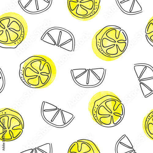 Hand drawn lemons pattern in trendy one line style. Vector seamless background with lemon slices