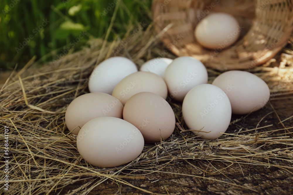 Fresh raw eggs and straw on wooden surface outdoors, closeup
