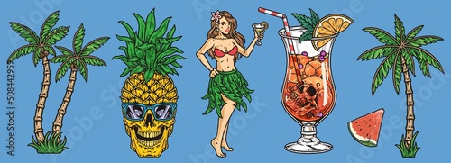 Hawaiian party set sketch colorful