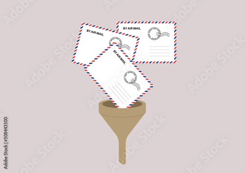 A spam filter blocking unwanted emails, air mail envelopes falling into a funnel