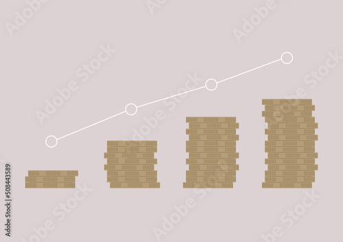 A money savings growth diagram, stacks of coins rising in time