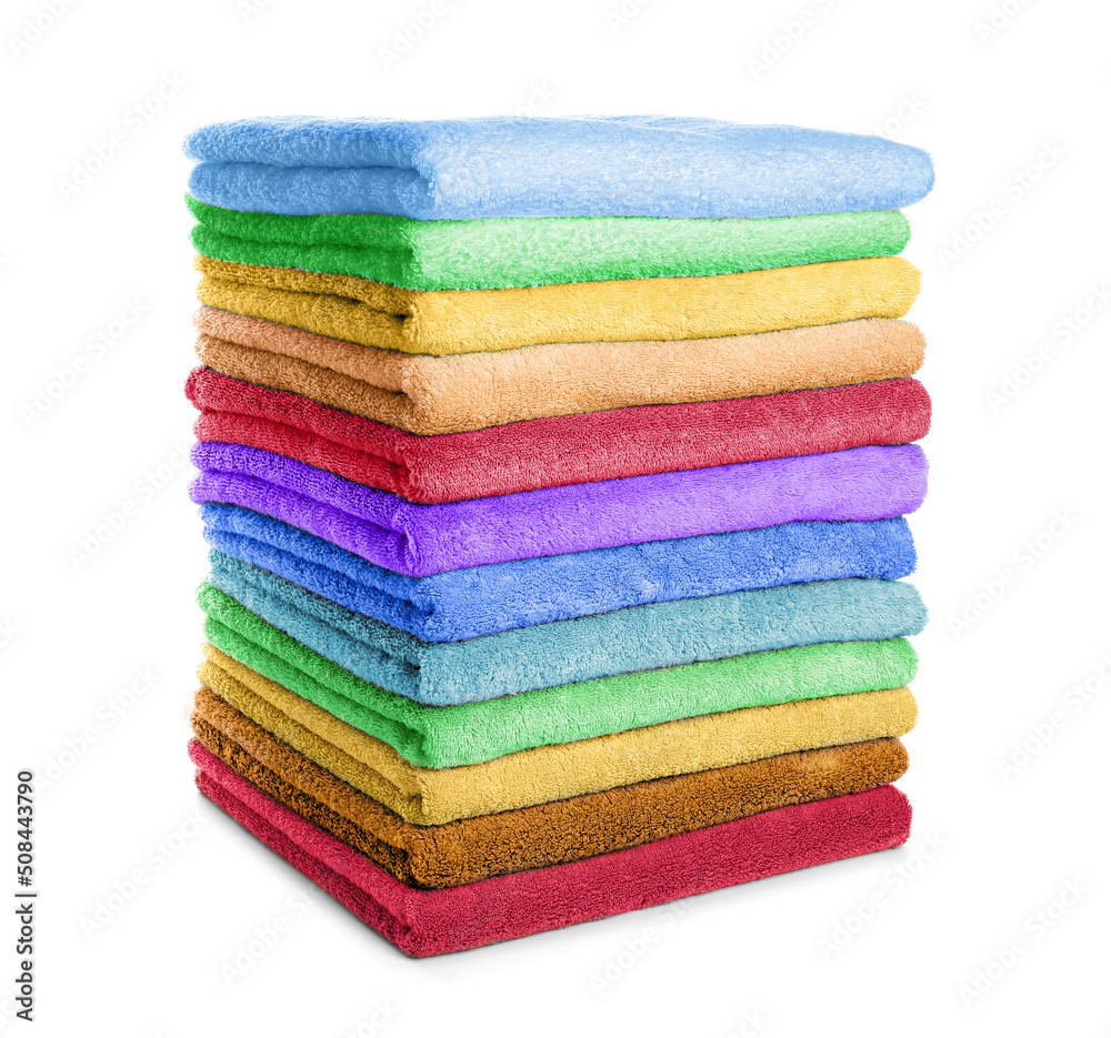 Different fresh soft terry towels on white background Different fresh soft terry towels on white background