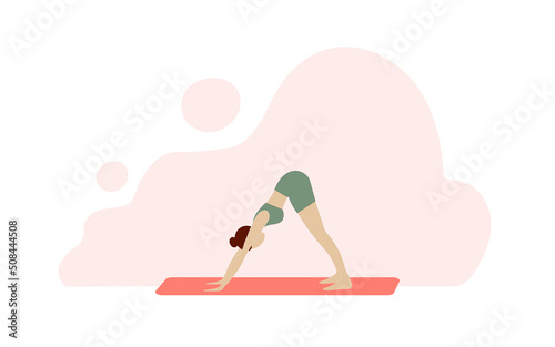 Young woman doing yoga exercises. Adho Mukha Svanasana. Healthy Lifestyle. Trendy flat vector illustration