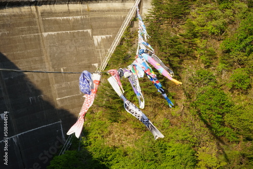 Carp Streamer swinging at Okuta Dam and lakeside mountains in Sendai, Miyagi, Japan - 日本 宮城県 大倉ダム 鯉のぼり photo