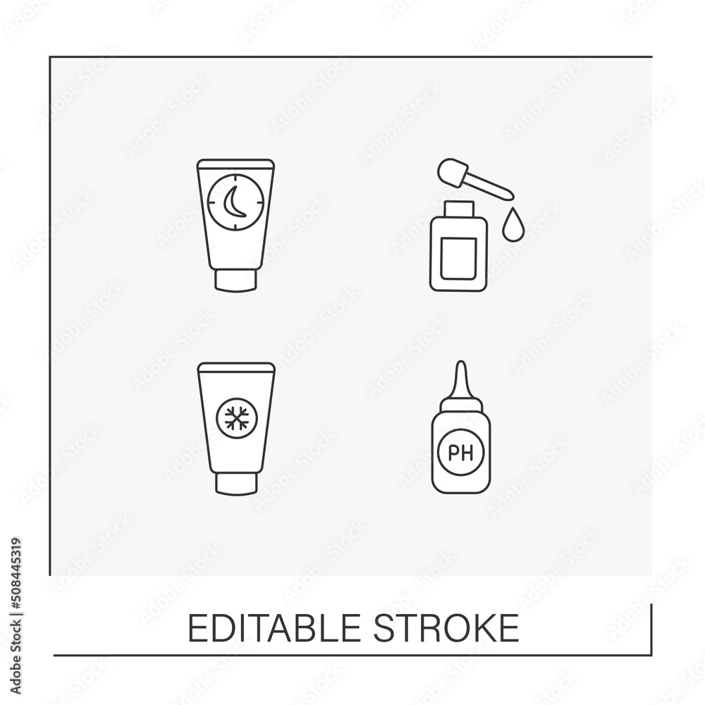 Cosmetology line icons set. Cosmetology. Beauty cosmetic for moisturizing body and care. Self-care concepts. Isolated vector illustrations. Editable stroke