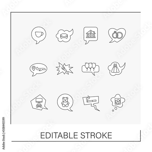 Dreams line icons set. Reflections about travelling, toys, perfect gifts and celebration. Thought concepts. Isolated vector illustrations. Editable stroke