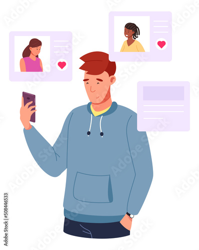 Man liking female profiles in dating app. Relationship search