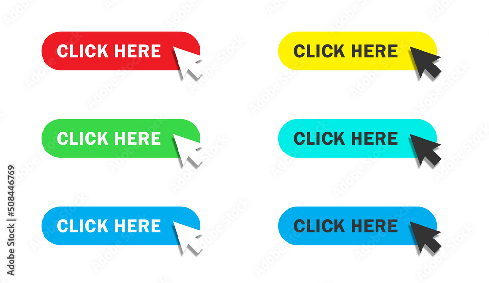 Click here button with arrow clicking icon. Mouse pointer. Flat vector illustration. Click here button with arrow clicking icon. Mouse pointer. Flat vector illustration.