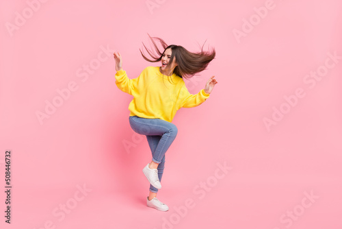 Full length photo of young pretty woman have fun clubber hang-out isolated over pink color background