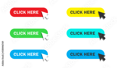 Click here button with arrow clicking icon. Mouse pointer. Flat vector illustration.