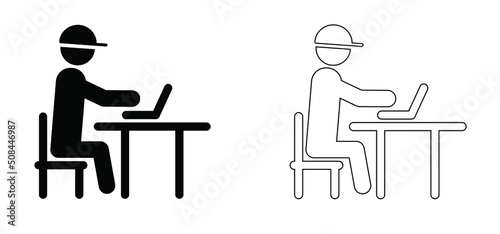 Cartoon stickman, stick figure with table, laptop. People are working to works at home or in the office a workplace. Office worker, blogger typing or writing on computer.