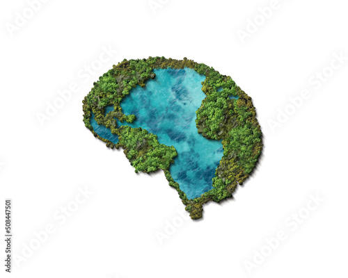 Think Green- human brain is covered with green trees. World environment day and nature conservation day background. Green mental health concept 3d background isolated on white background.