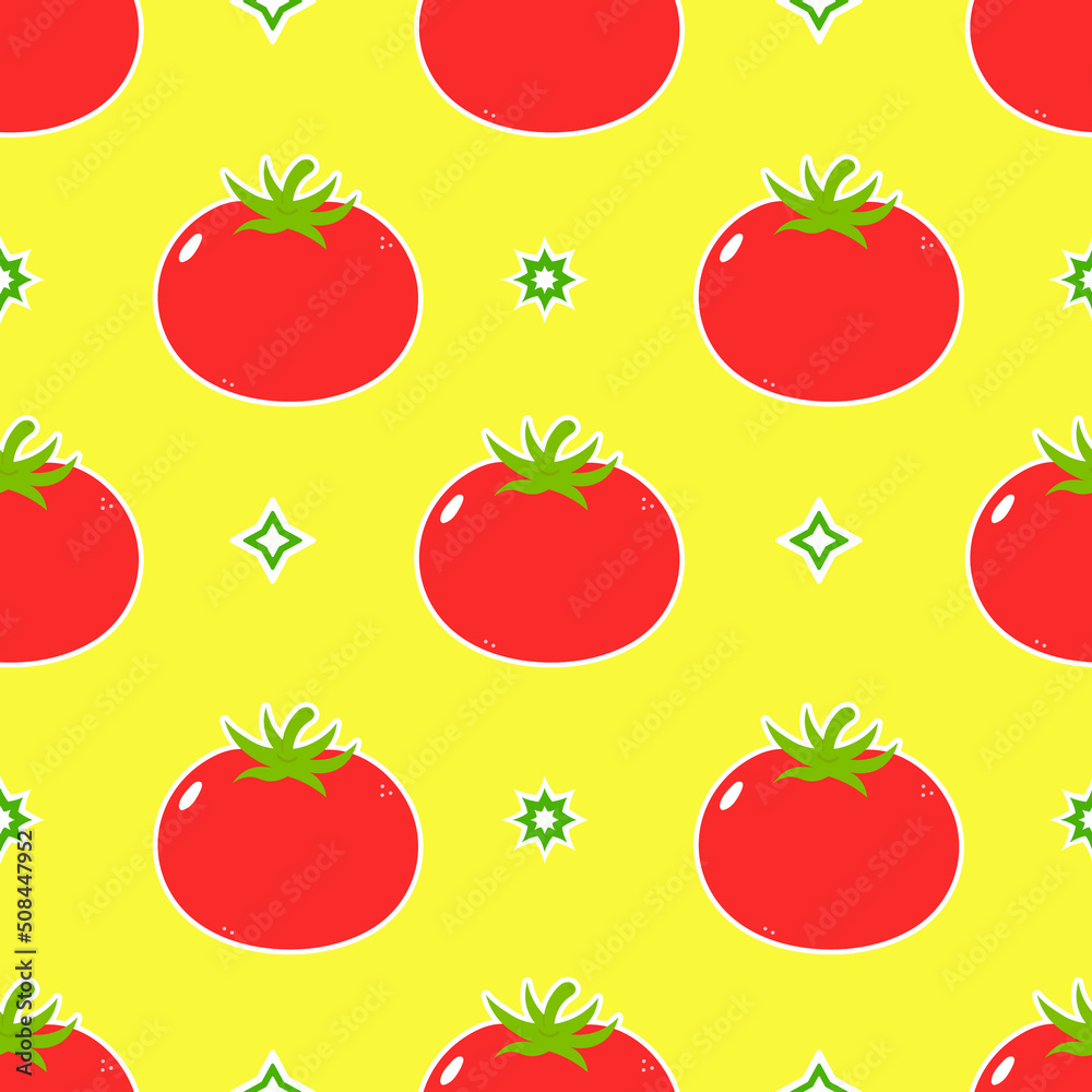 Cute funny tomato yellow pattern character. Vector hand drawn traditional cartoon vintage, retro, kawaii character illustration icon. Isolated on yellow background. Pattern tomato character concept Cute funny tomato yellow pattern character. Vector hand drawn traditional cartoon vintage, retro, kawaii character illustration icon. Isolated on yellow background. Pattern tomato character concept