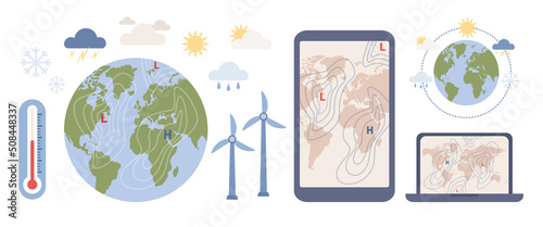Meteorology science set icon. World Meteorological day. Weather and climate condition. Vector flat illustration