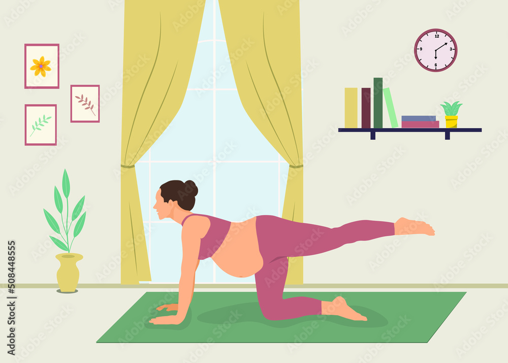 Pregnant women do yoga at home. International Day of Yoga.