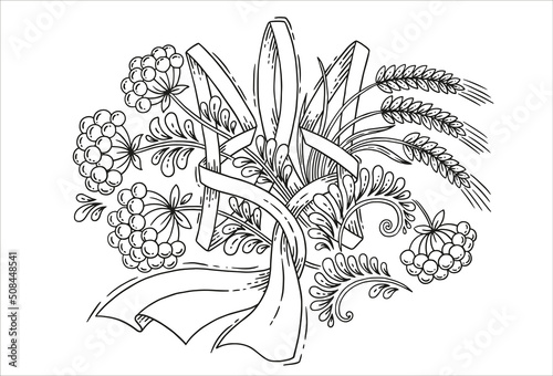 Vector coloring design, decorative version of the state symbol of Ukraine trident. Ribbon in blue and yellow flag, viburnum berries and ears of wheat