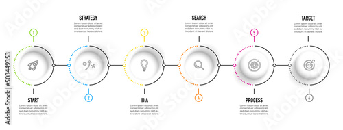 Timeline infographic design with 6 options or steps. Infographics for business concept. Can be used for presentations workflow layout, banner, process, diagram, flow chart, info graph, annual report.