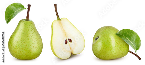 Collection pear isolated on white background. Taste pear with leaf. Fresh fruits isolated on white background