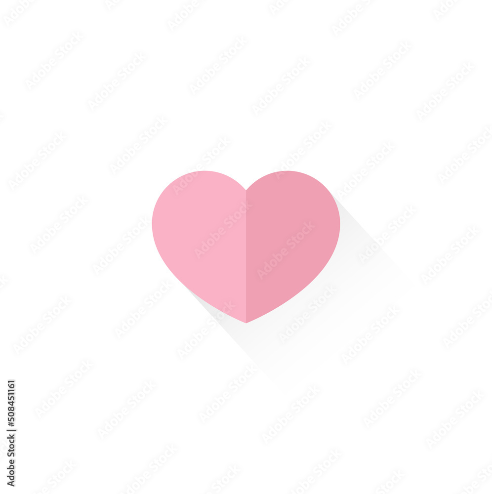 Pink heart on the white background with the long shadow. Vector illustration.