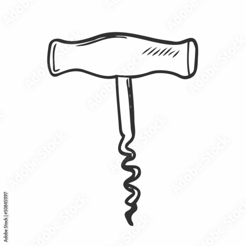 Wooden wine corkscrew linear vector icon in doodle sketch style