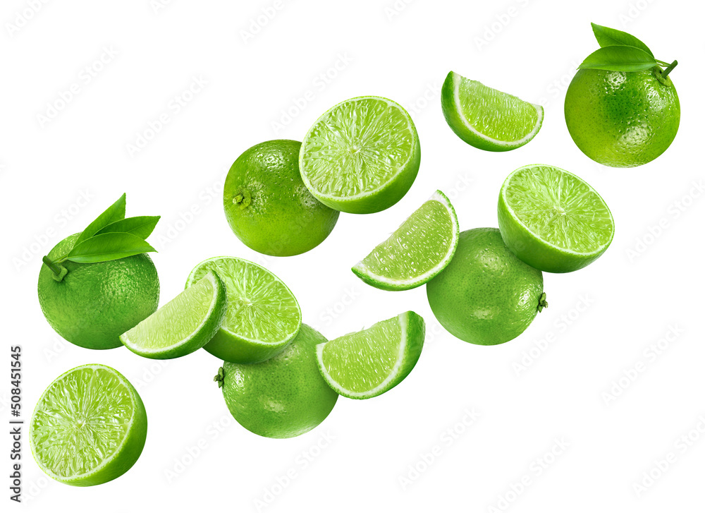 Flying in air Lime collection. Lime with clipping path isolated on a white background. Fresh organic fruit. Full depth of field