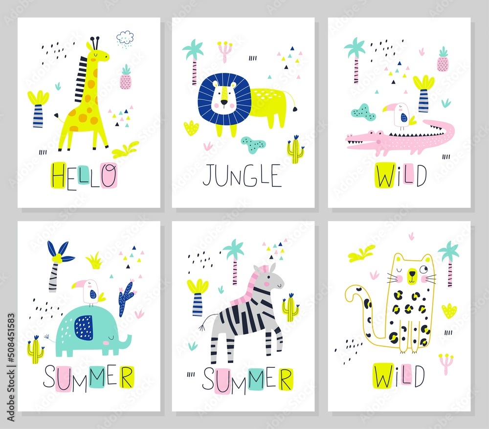 Card set with jungle animals. Vector cartoon illustration Stock Vector ...