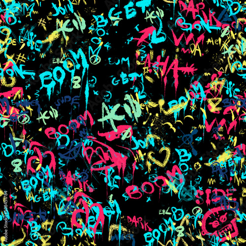 Seamless Pattern of Darkside Neon Graffiti Street Art Wall Background
