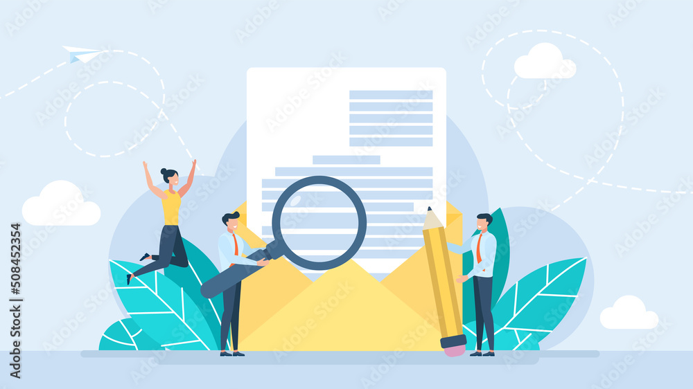 Obraz premium Tiny characters receive an envelope with a letter. Open envelope with document. Correspondence. Email message, office paper and mail delivery. New incoming message, sms, spam. Illustration