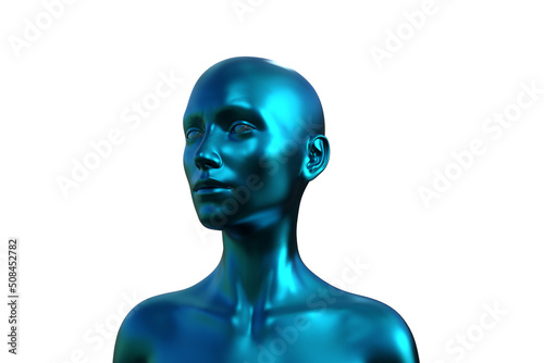 3d illustration. Portrait of a blue bald woman on a white background. 