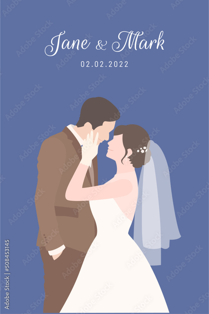 Bride in white dress happily touches the face of her Groom in brown suit for their wedding ceremony invitation card flat vector couple characters on navy blue background. Bride in white dress happily touches the face of her Groom in brown suit for their wedding ceremony invitation card flat vector couple characters on navy blue background.