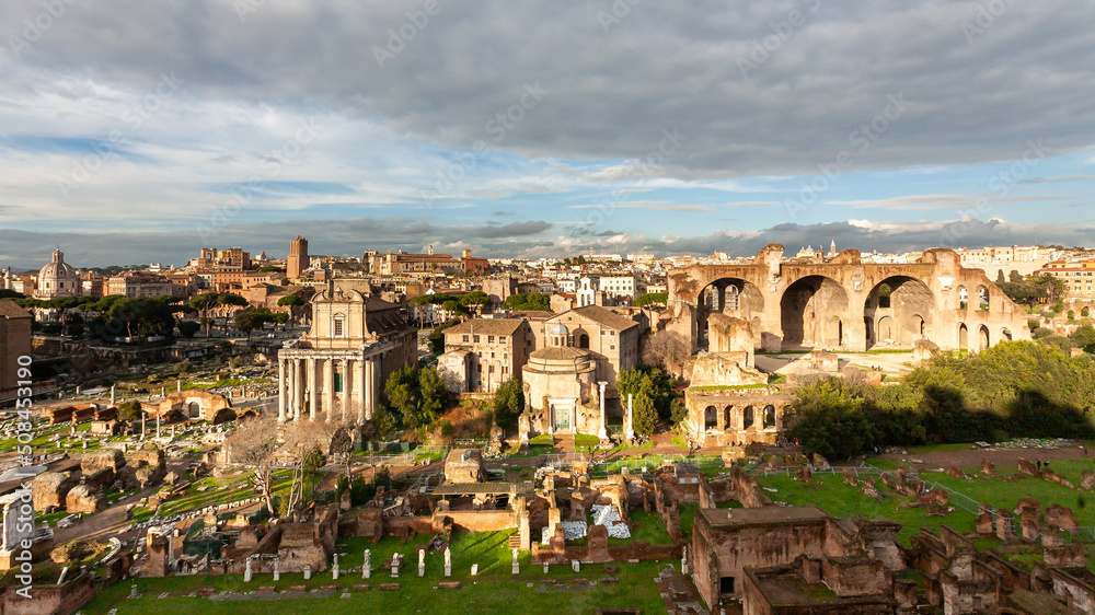 Beautiful aerial view of Rome in overcast weather, Europe