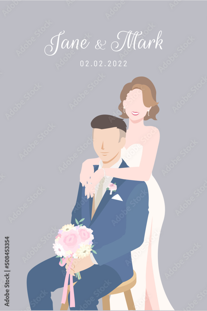 Brown hair bride in white dress happily stands behind her Groom in navy blue suit sitting for their wedding ceremony invitation card flat vector couple characters on gray background. Brown hair bride in white dress happily stands behind her Groom in navy blue suit sitting for their wedding ceremony invitation card flat vector couple characters on gray background.