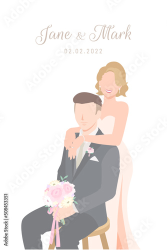 Blonde hair bride in white dress happily stands behind her Groom in black suit sitting for their wedding ceremony invitation card flat vector couple characters on white background.