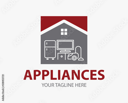 Modern minimalist home appliance store logo. Refrigerator  vacuum cleaner and tv icon.