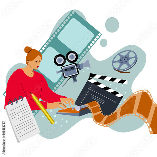 The author is working on a script for the film using a typewriter. Vector illustration for the screenwriter's banner