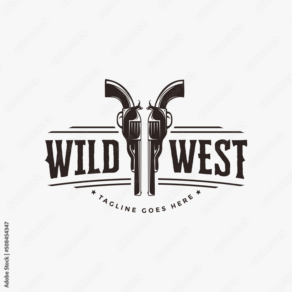 Vintage western cowboy firearm, old gun, revolver logo label design on ...