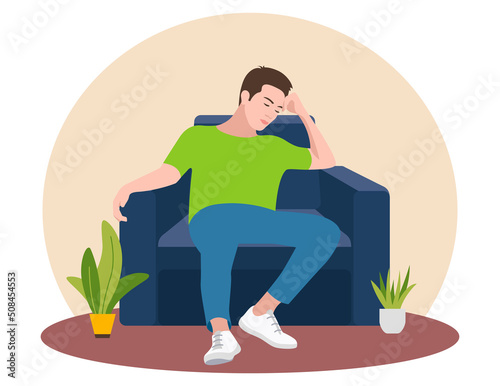 The man is sitting thoughtfully in a chair. Flat design. Vector illustration