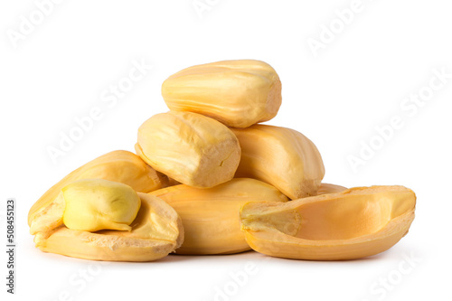 heap of jackfruit flesh with seeds, tropical health beneficial fruit native to southeast asia, isolated on white background