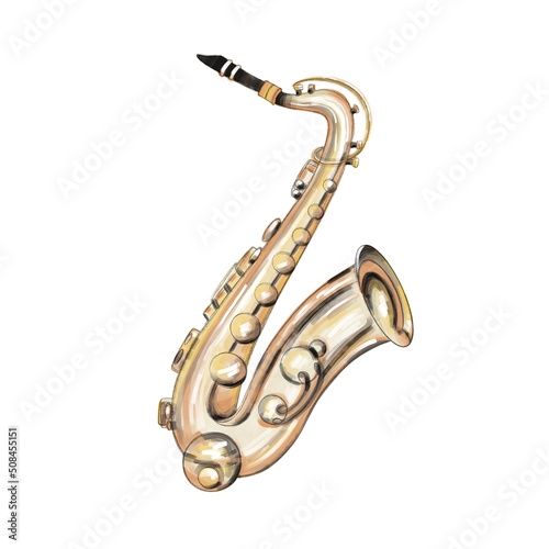 saxophone isolated on white background. Illustration of a saxophone in a watercolor style. Sketch of a saxophone in color for postcards, posters, logos. photo