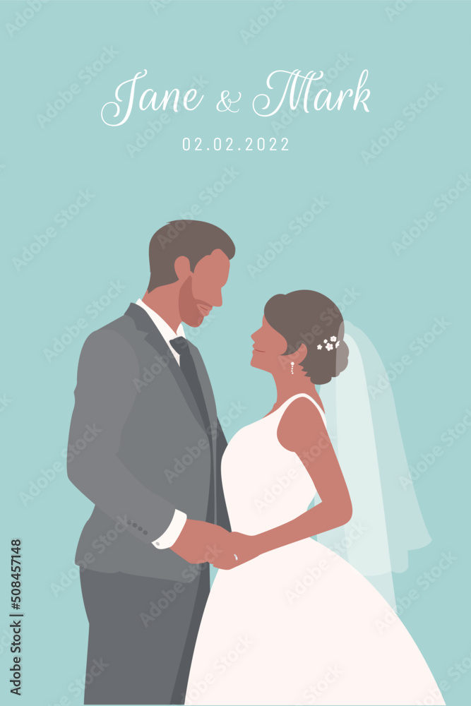 Dark skin bride in white dress and Groom in black suit happily holding hands for their wedding ceremony invitation card flat vector couple characters on mint green background. Dark skin bride in white dress and Groom in black suit happily holding hands for their wedding ceremony invitation card flat vector couple characters on mint green background.
