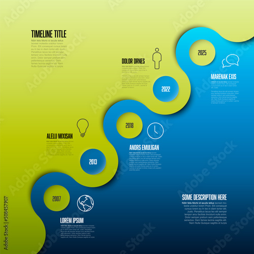 Simple green and blue diagonal timeline with some facts and icons
