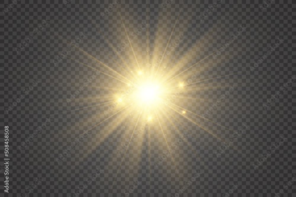 Special lens flash, light effect. The flash flashes rays and searchlight. illust.White glowing light. Beautiful star Light from the rays. The sun is backlit. Bright beautiful star. Sunlight. Glare.	