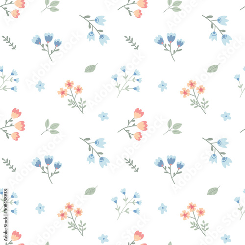 Seamless pattern with childish flowers on white background. Cute vector illustration with floral elements, for design, fabric and textiles. © kat