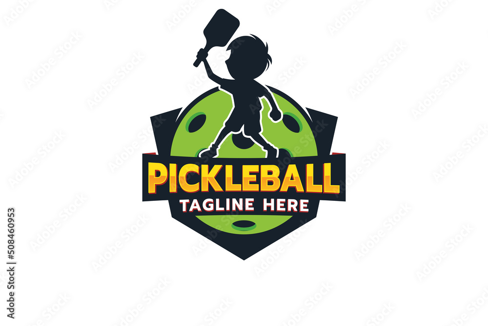 pickleball kids emblem logo with a silhouette of a boy playing pickleball.
