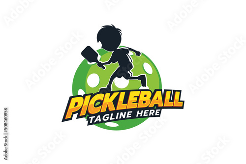 pickleball kids logo with a silhouette of a boy playing pickleball.