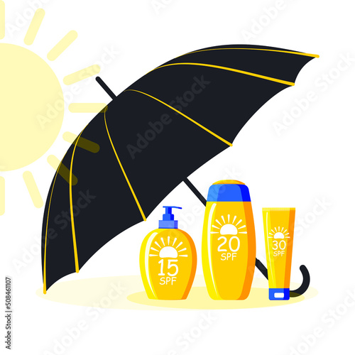 Yellow tubes and bottles with a blue cap of sunscreen SPF 15, 20 and 30 are under a black sun umbrella in a hot sunny summer. Cosmetics with UV protection. Vector.