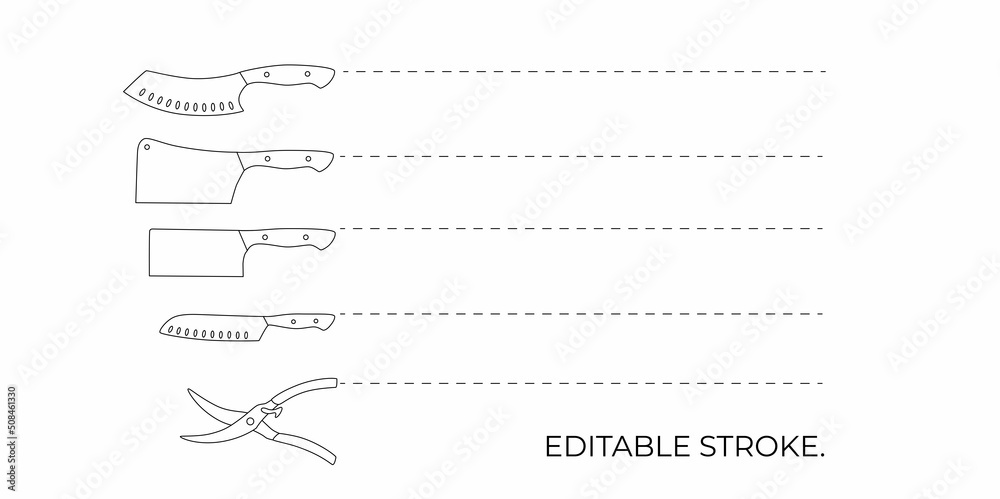 Chef knifes with cutting dotted line set. Editable stroke. Vector stock illustration isolated on white background for design packaging. 