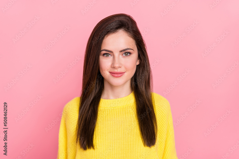 Photo of young lovely girl good mood smart banker economist lawyer isolated over pink color background