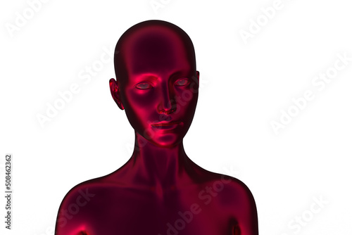 3D render portrait of a red bald woman on a white background.