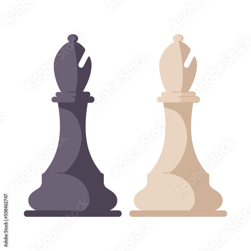 Black and white chess pieces, bishop. Modern figures of boardgame. Chess figures for strategy board game, leisure activity, mind sport. Flat vector illustration isolated on white background